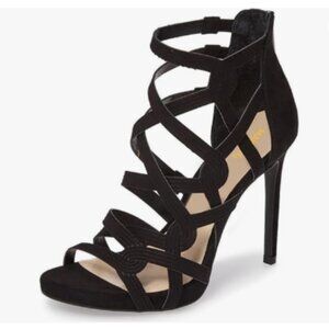 Maiyang Black Open Round Toe Sexy Caged Sandals Back Zipper Stiletto Heel Shoes